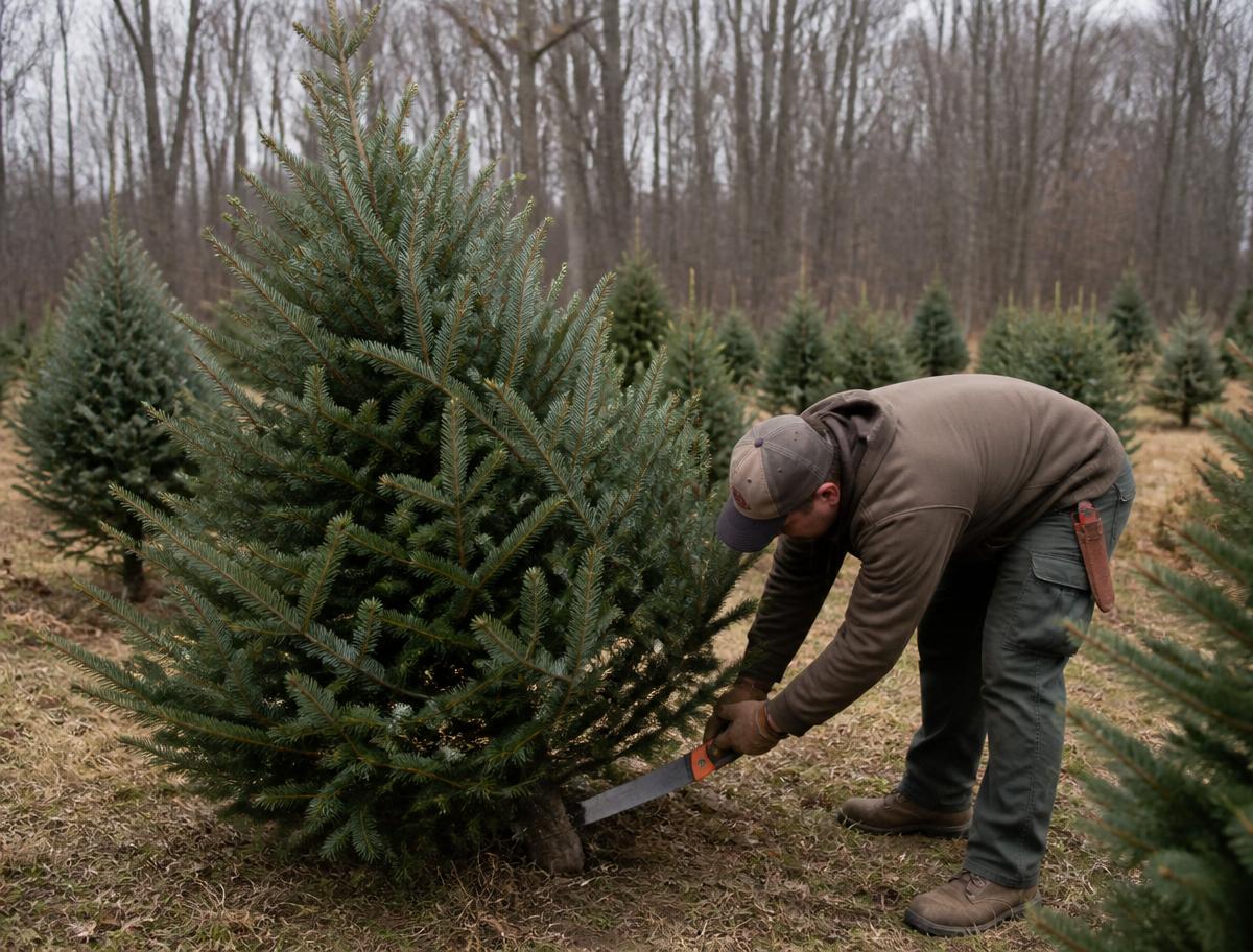 A grower hand-cutting a fresh Christmas tree at an Illinois farm